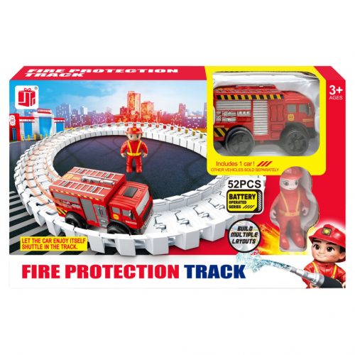 Fire Protection Track - 52 db-os Összeépítős pálya, fém tűzoltóautóval és figurával